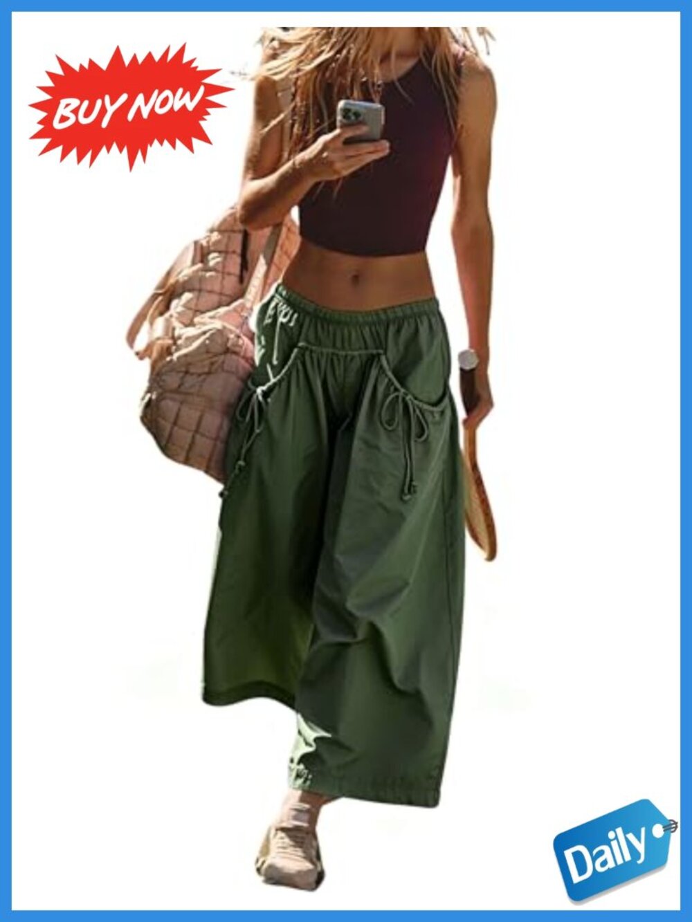 Hooever Wide Leg Track Pants Nylon Drawstring Elastic Waist Capri Hiking Pants